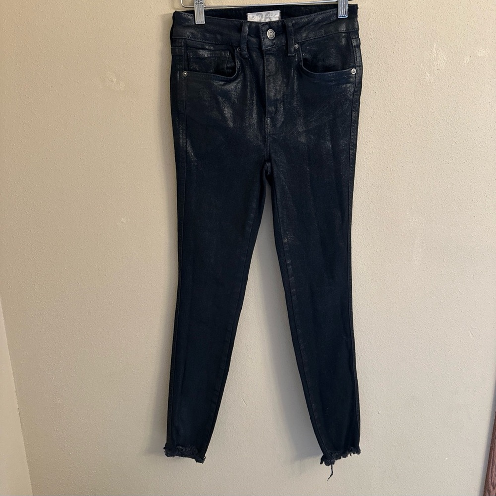 Free People We The Free Coated Black Skinny Jeans Raw Hem Size 26